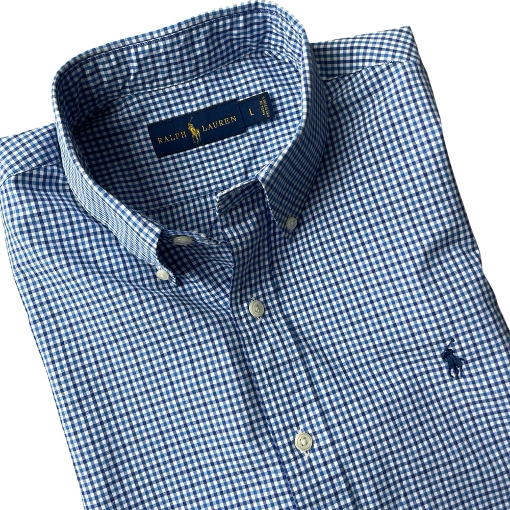Ralph Lauren Men’s Blue Check Button Down Shirt Size Large Blue/White